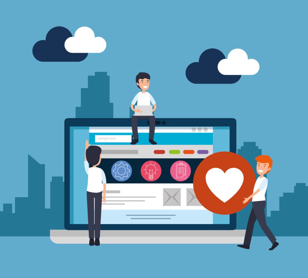 men with laptop and office website information